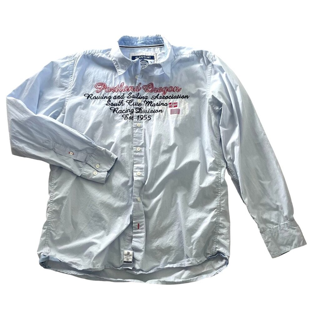 Biaggini Embroidered Button-Up Shirt Men's Size XL Blue Outdoor Hiking Travel